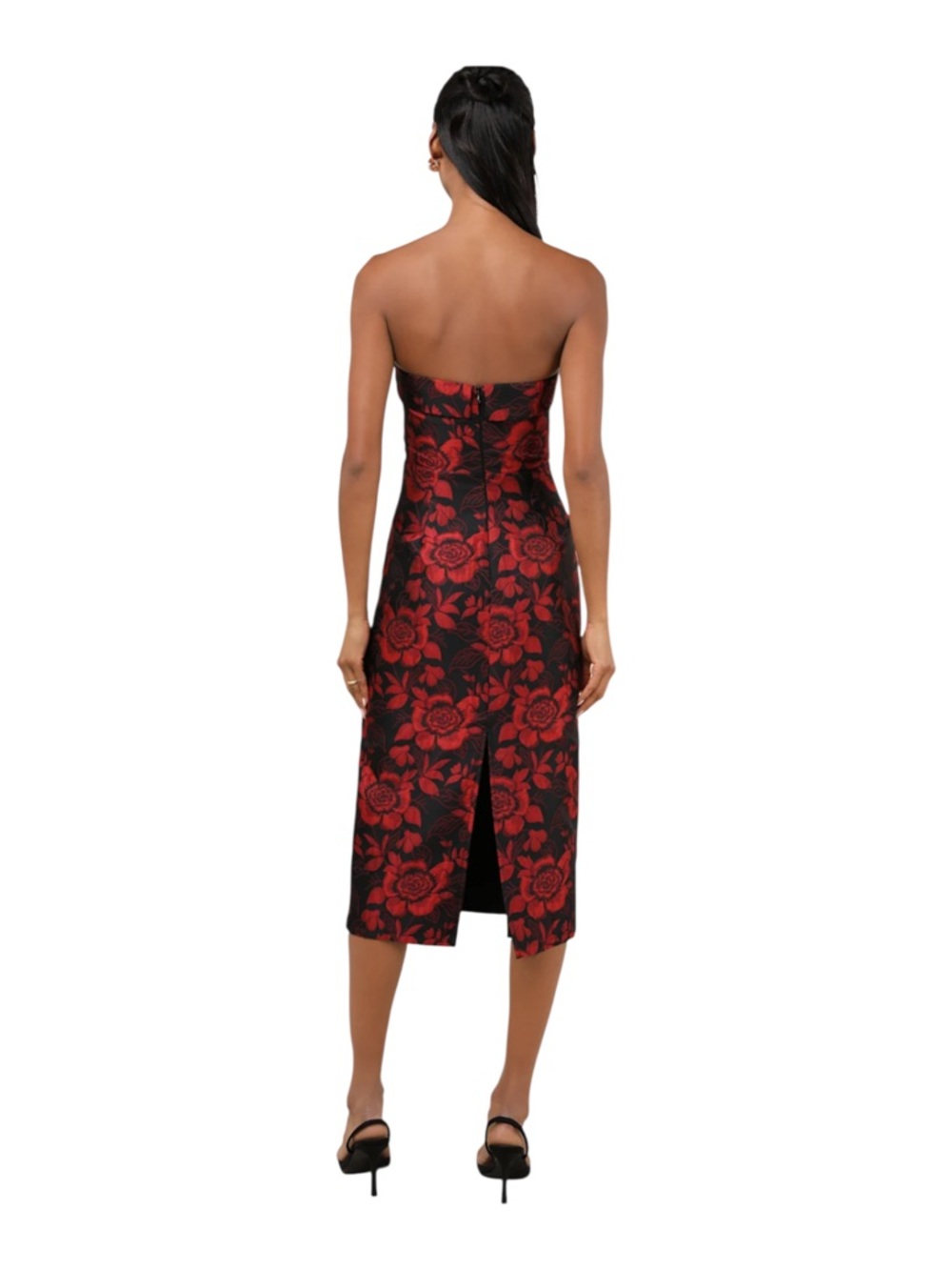NWT Lulus Polished Muse Black and Red Jacquard Strapless Midi dress Sz XS - Picture 4 of 11